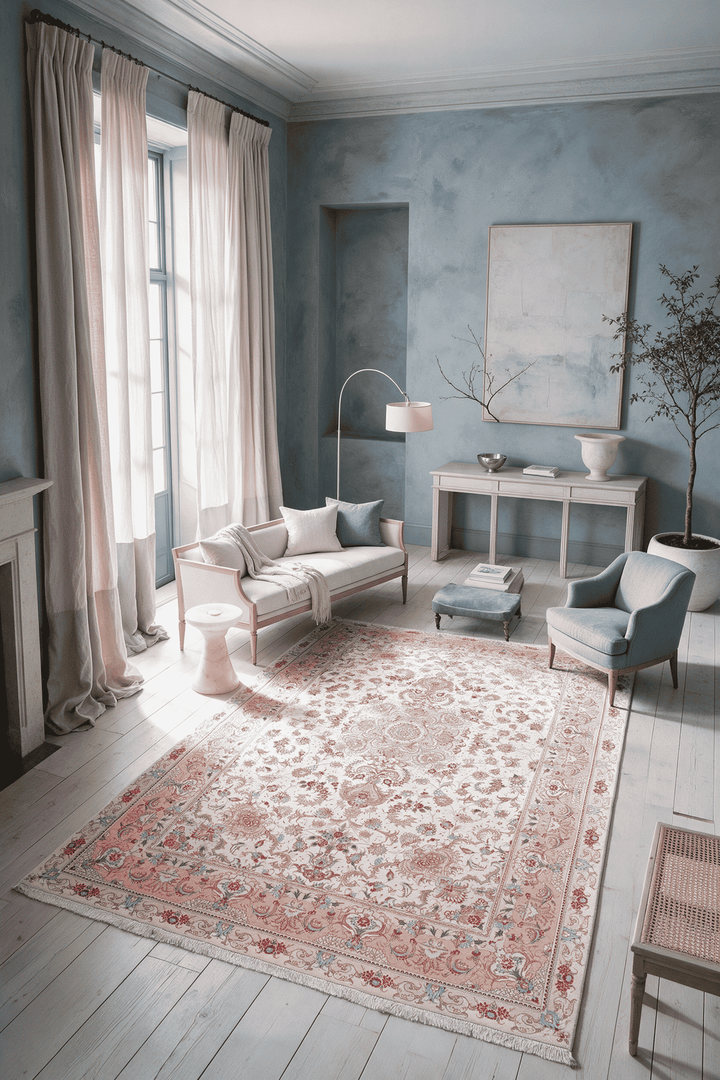 Floral field detail on cream rose Persian Tabriz rug