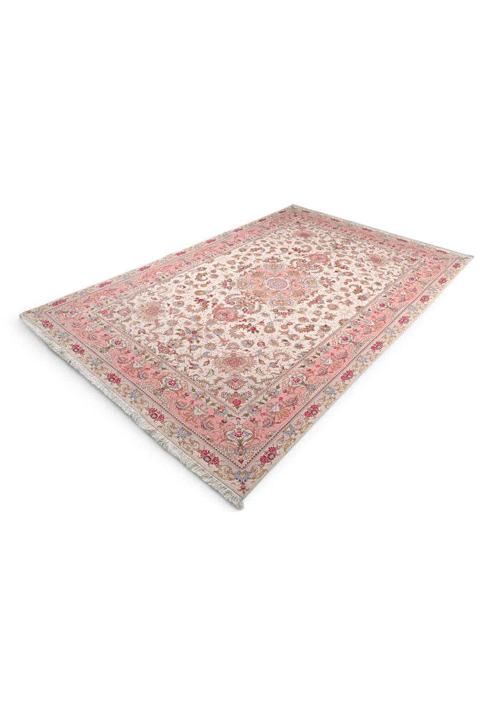 One-of-a-kind cream and rose pink medallion Tabriz rug