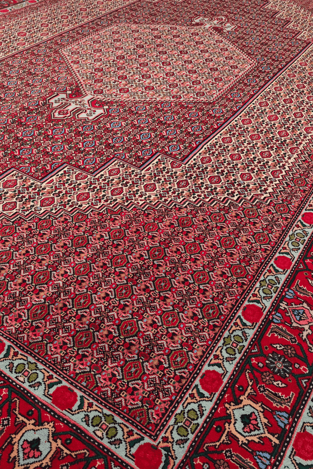 Border detail of red mahi Tabriz hand-knotted rug