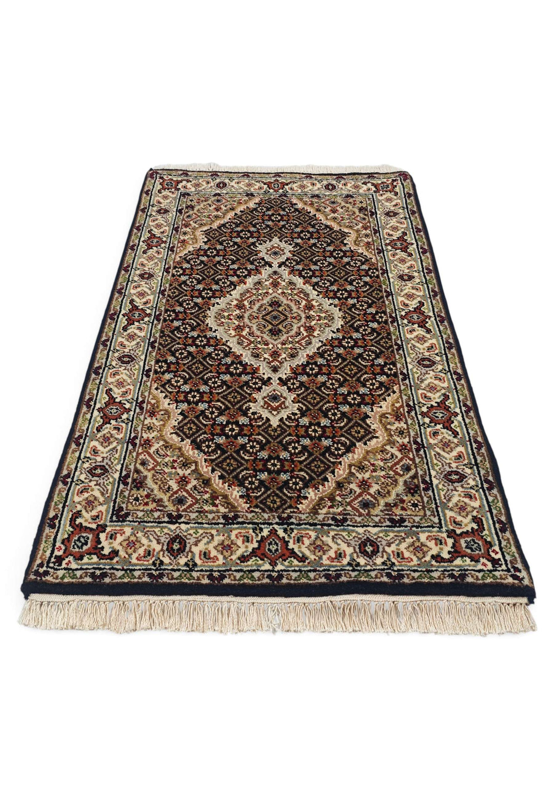 Border detail of espresso mahi Tabriz hand-knotted rug
