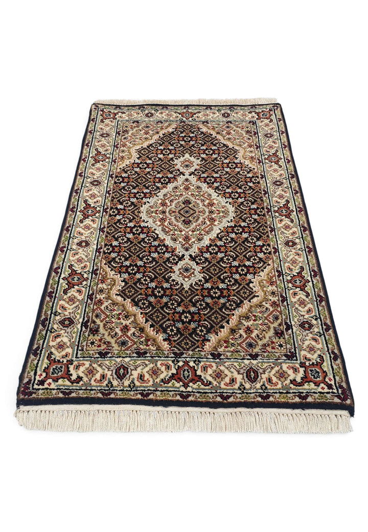Hand-knotted wool pile of espresso Tabriz rug, 61×92cm