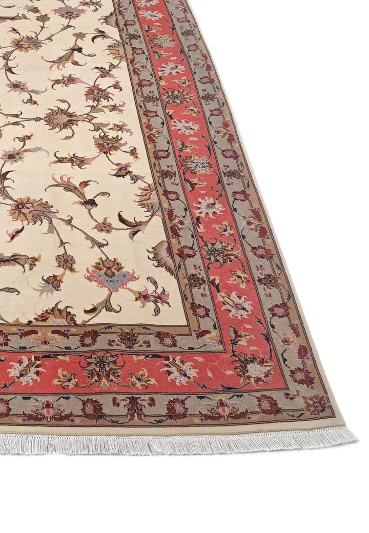 Ivory and coral palmette Tabriz Persian rug, hand-knotted