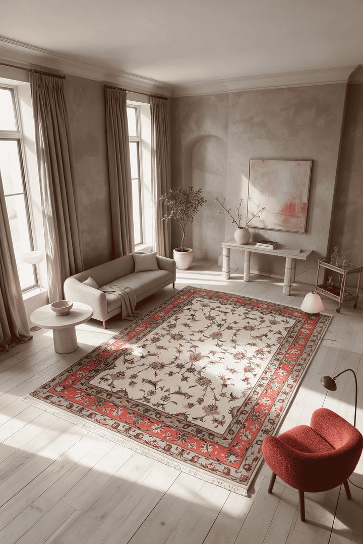 Serrated leaf palmette detail in ivory and coral on Tabriz rug