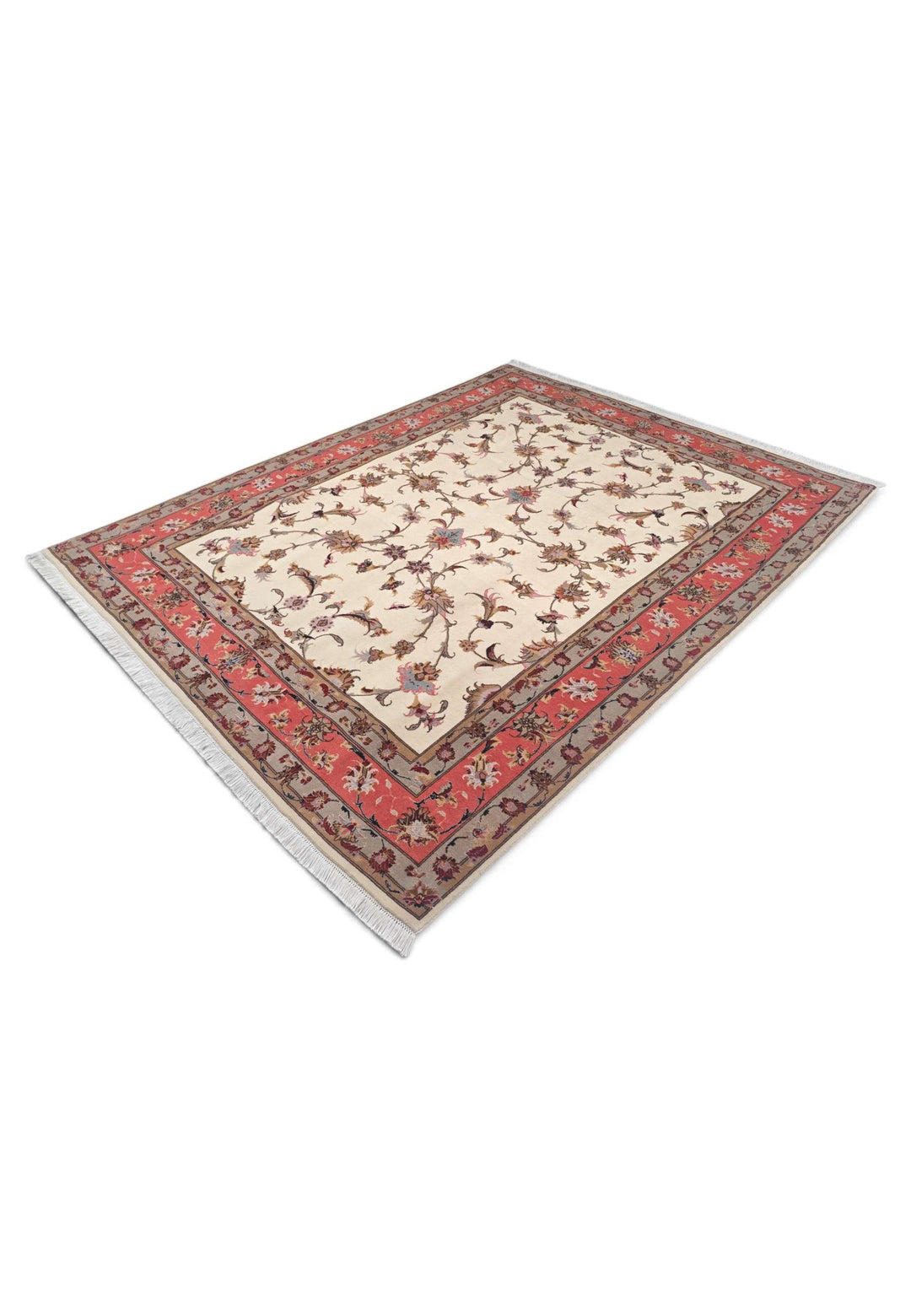 Ivory and coral Tabriz rug for a bedroom, about 2 tatami