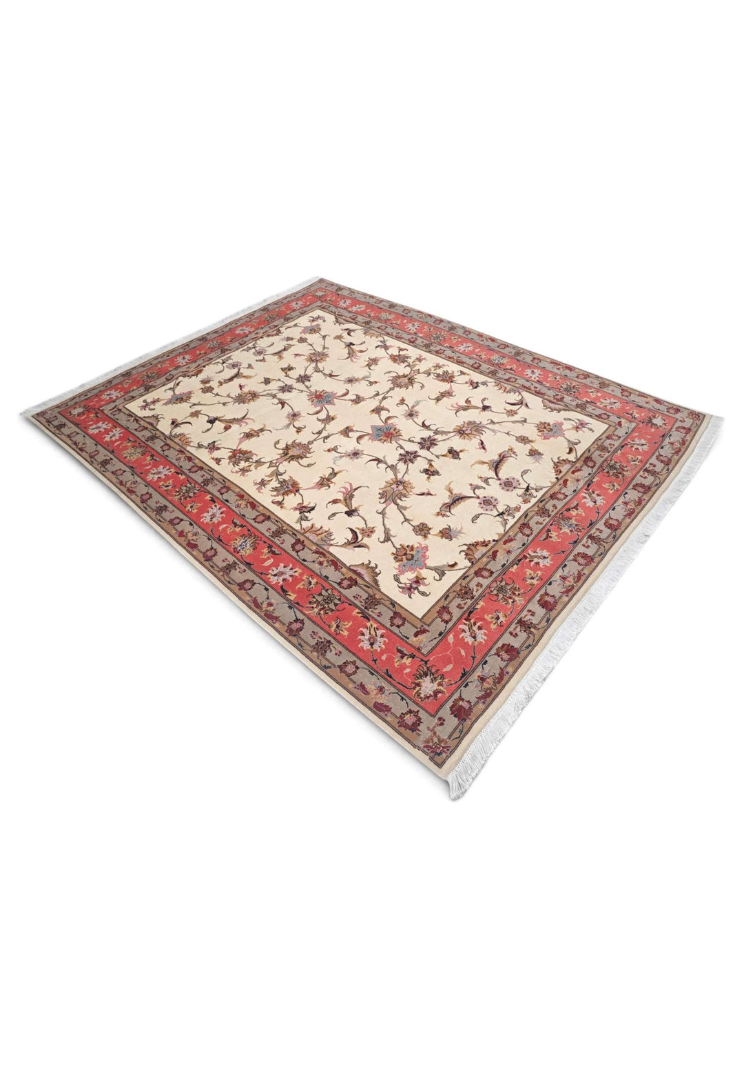 One-of-a-kind ivory and coral serrated leaf Tabriz rug