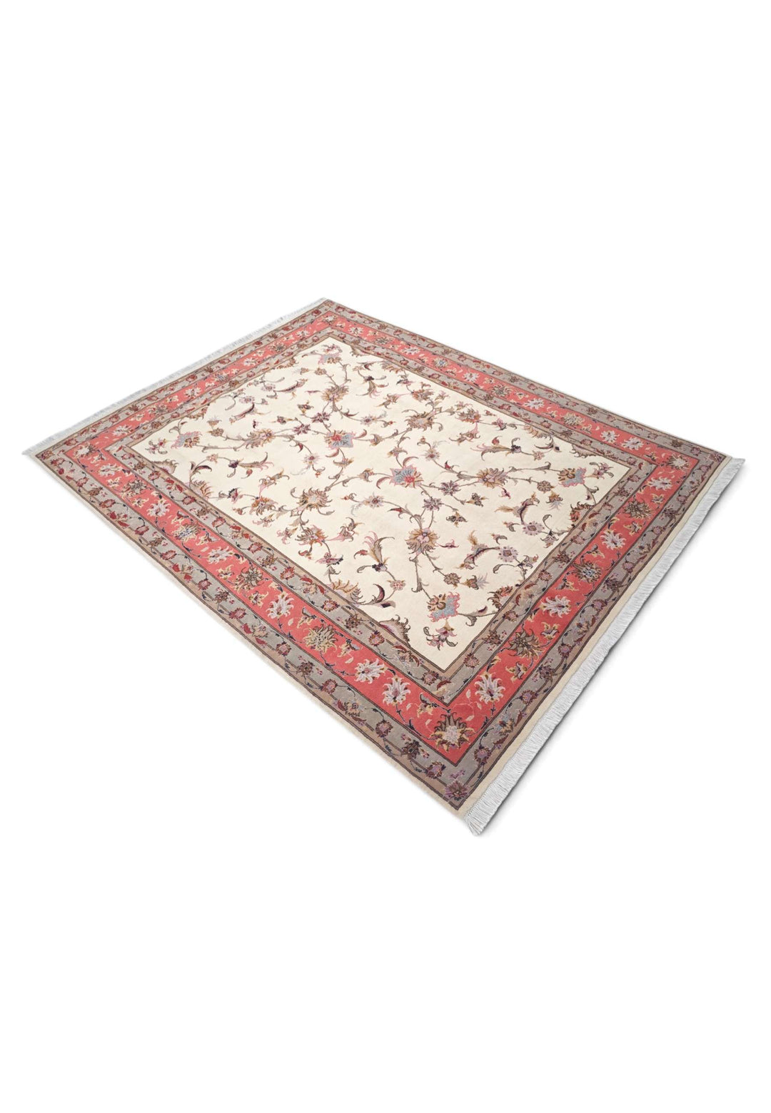 Corner of ivory coral serrated leaf Tabriz rug
