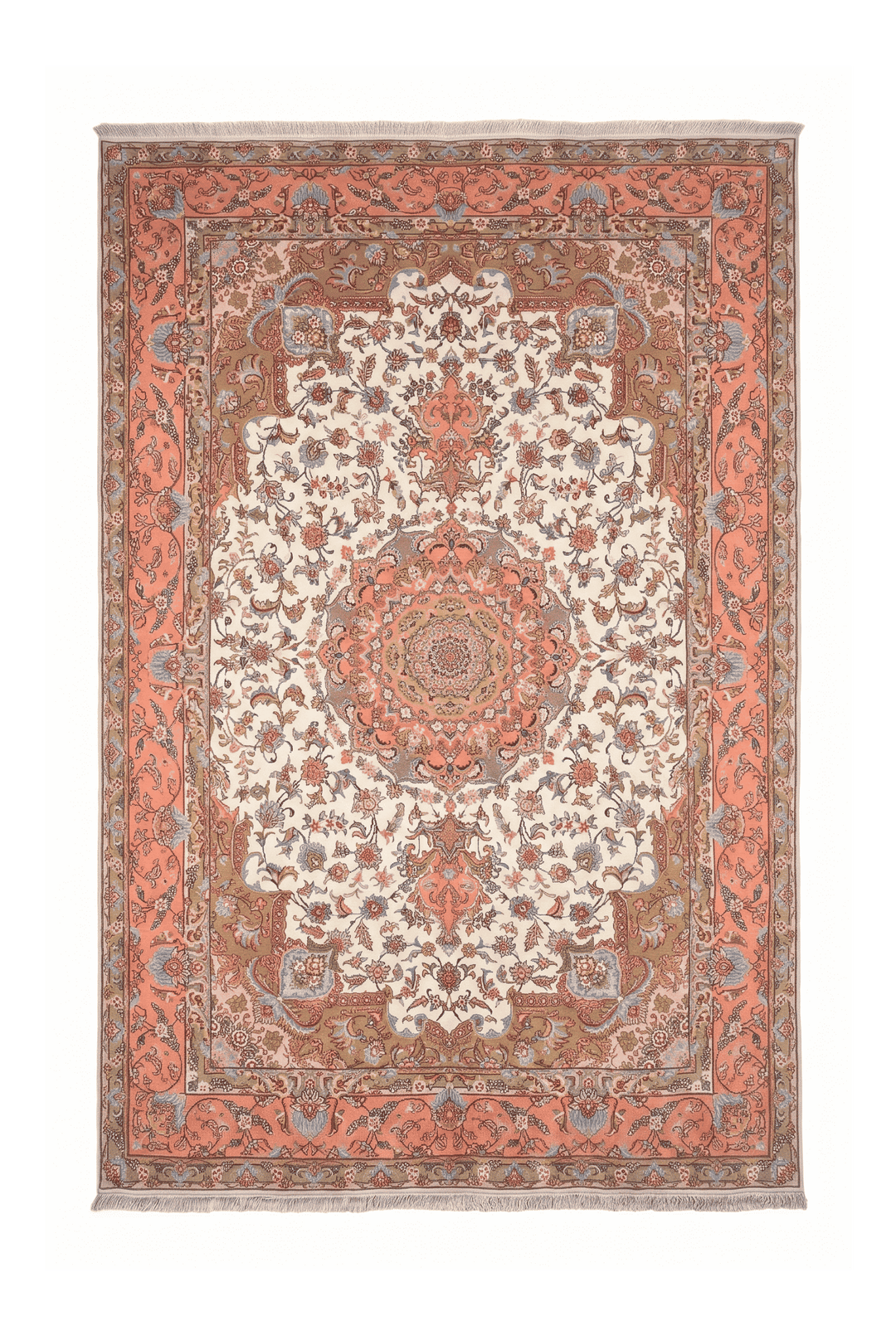 Ivory and coral radiating medallion Tabriz rug, 196×316cm