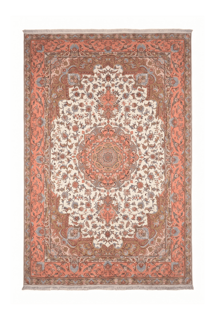 Ivory and coral radiating medallion Tabriz rug, 196×316cm