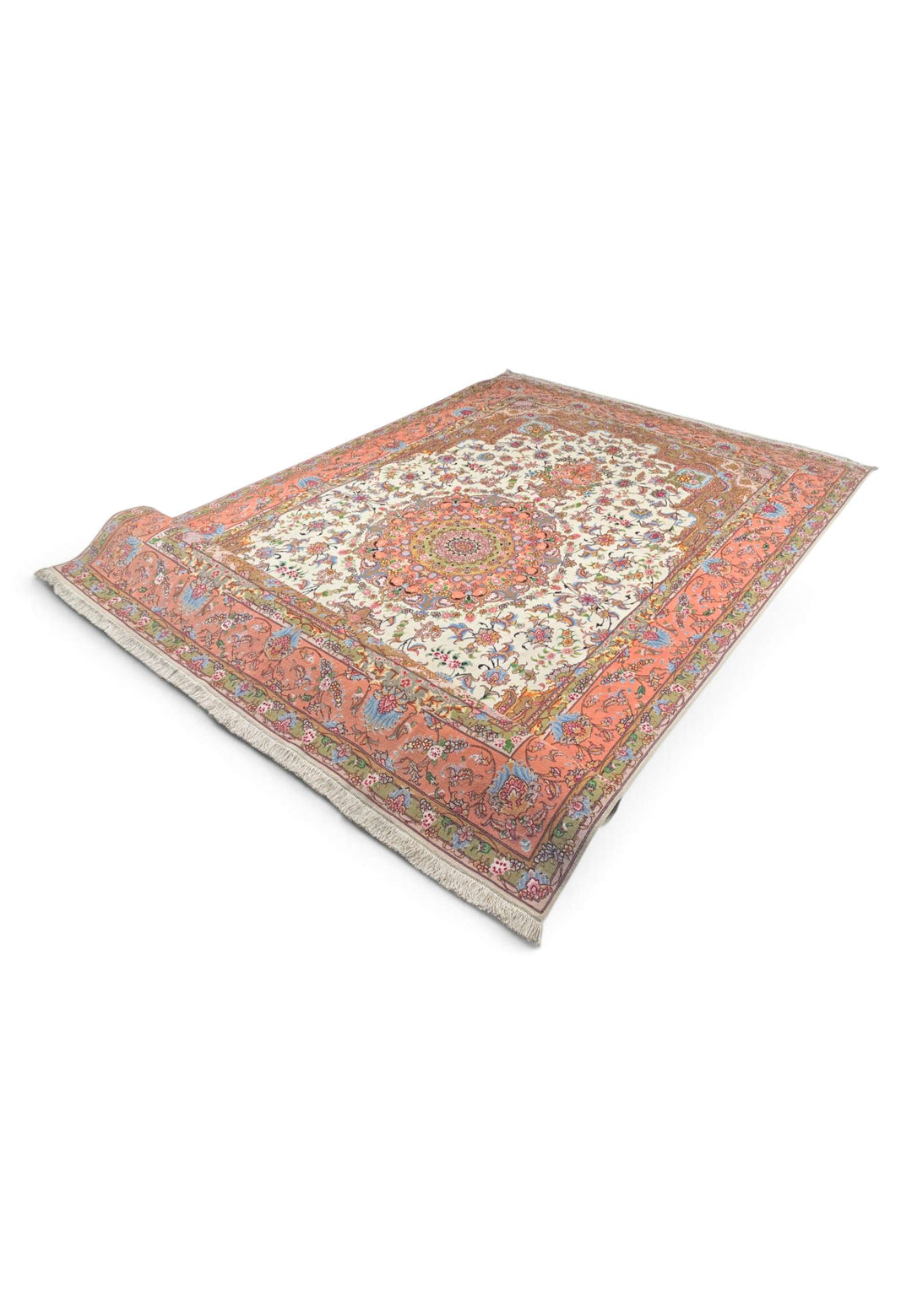 Ivory coral Tabriz rug detail, Persian wool