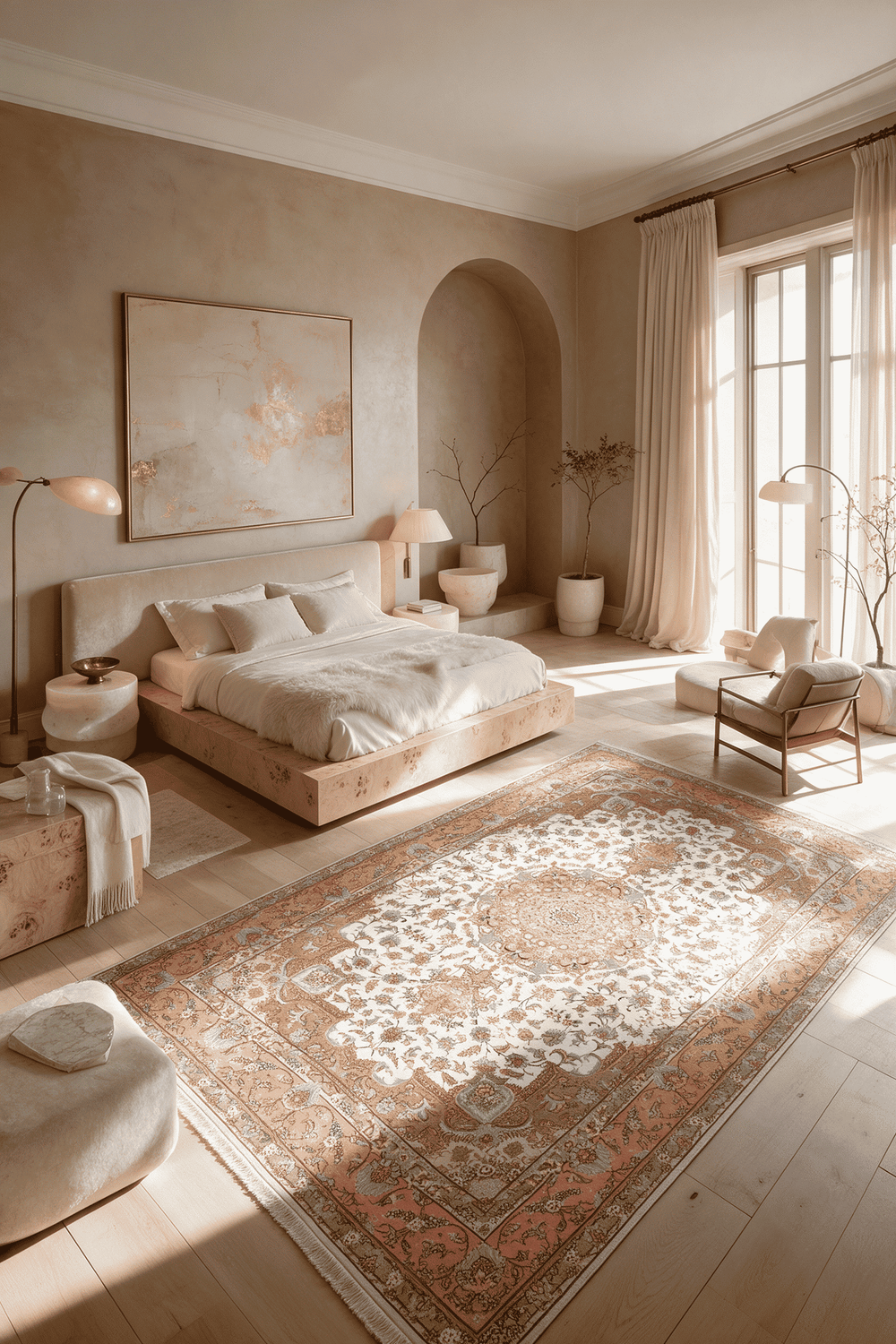 Radiating medallion detail in ivory and coral on Tabriz rug