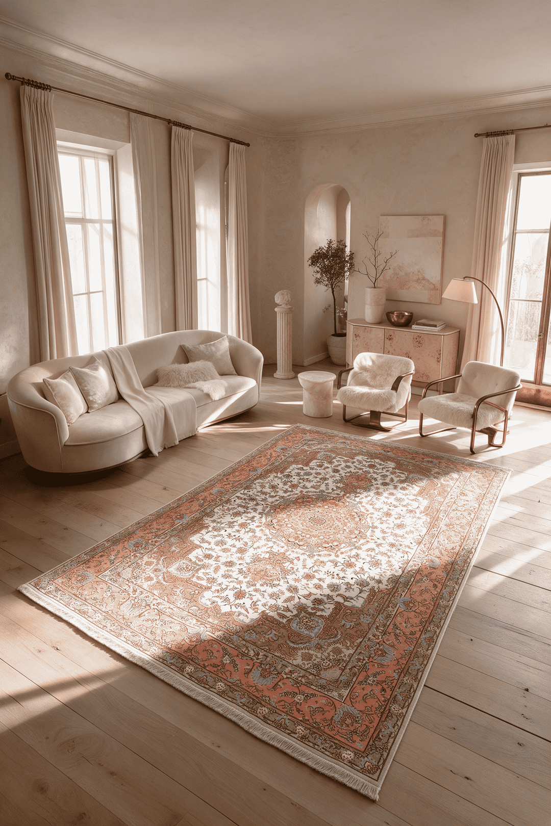 Floral field detail on ivory coral Persian Tabriz rug
