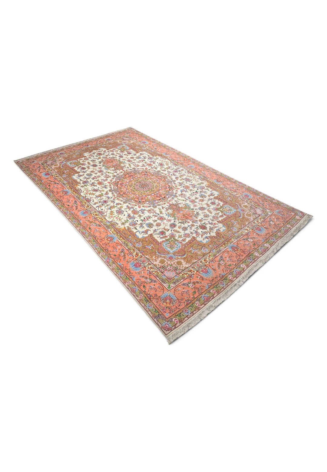One-of-a-kind ivory and coral radiating medallion Tabriz rug