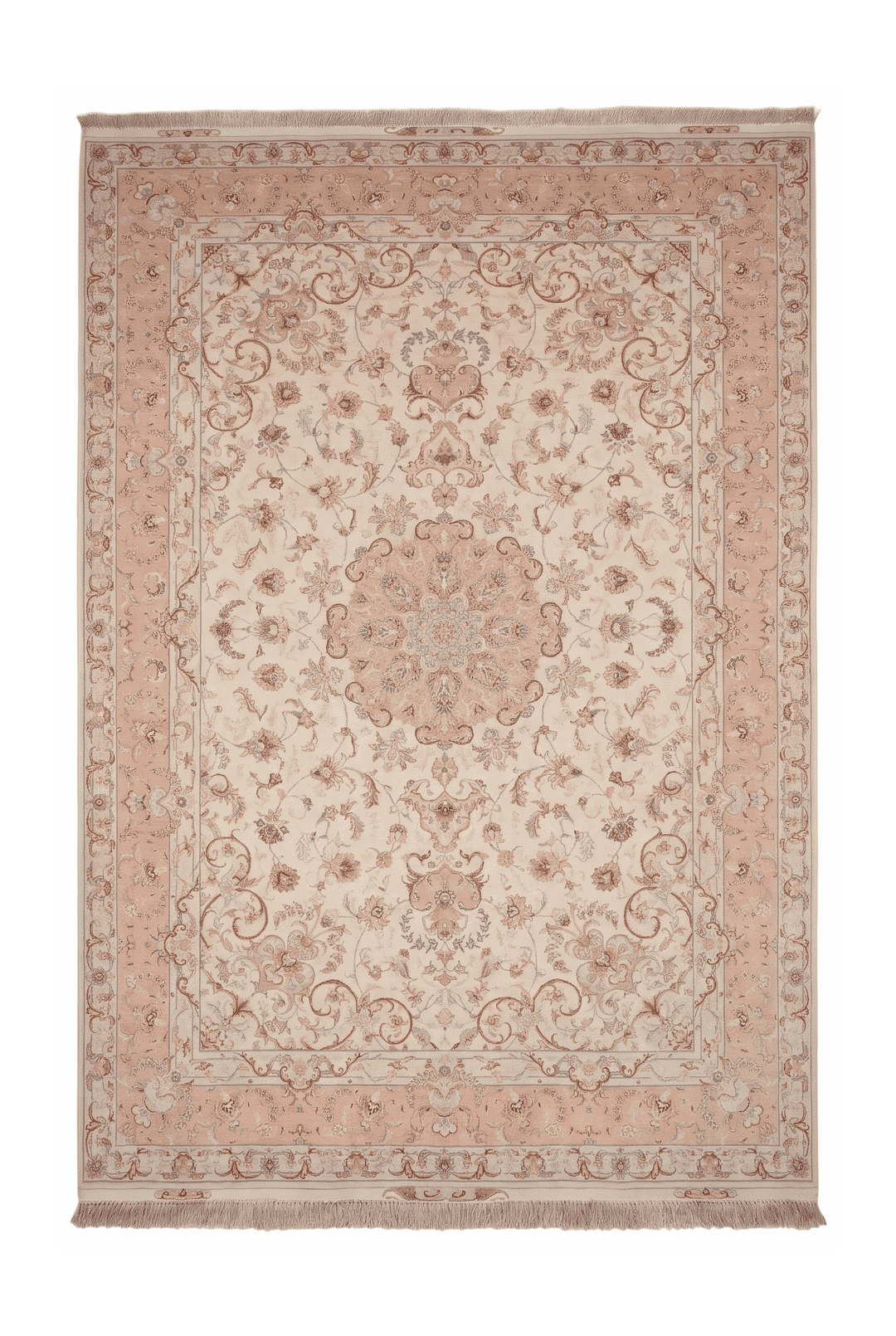 Ivory and peach scrolling leaf medallion Tabriz rug, 200×302cm