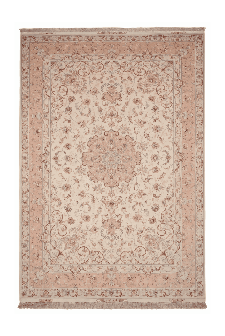 Ivory and peach scrolling leaf medallion Tabriz rug, 200×302cm