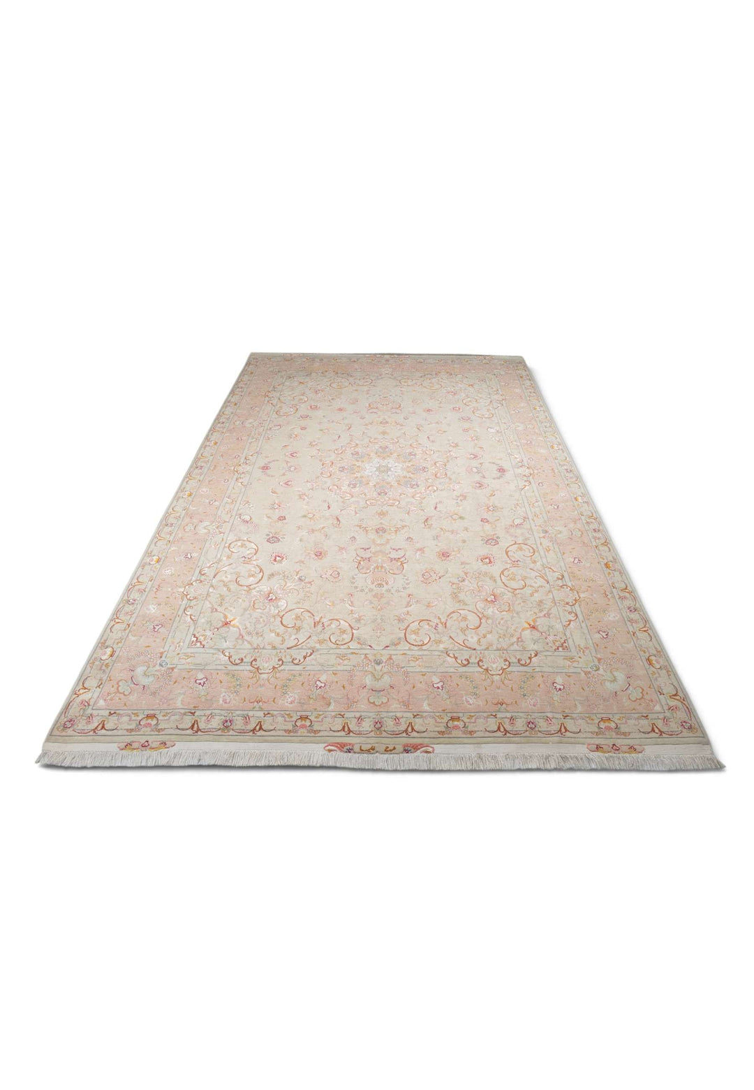 Hand-knotted wool pile of ivory peach Tabriz rug, 200×302cm