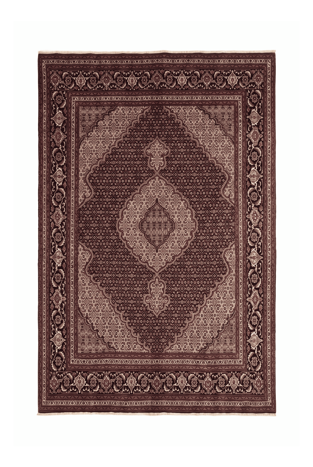 Burgundy mahi medallion Tabriz rug, 200×297cm, about 4.5 tatami