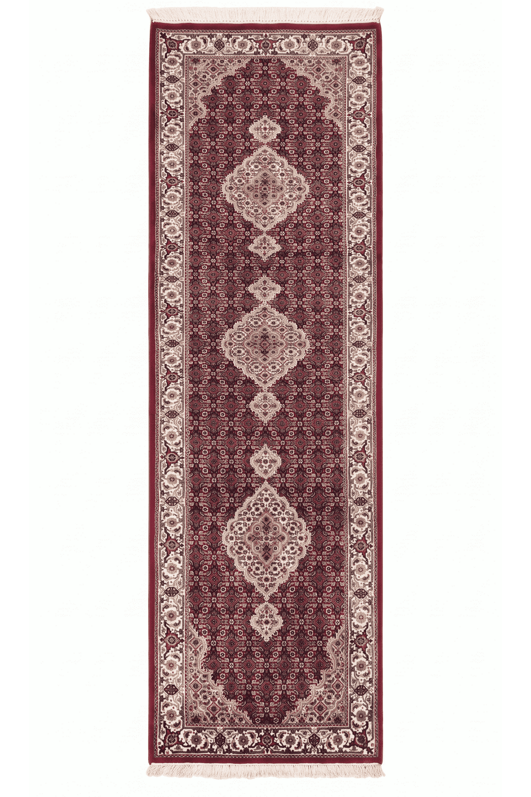 Deep red and ivory mahi medallion Tabriz runner, 80×303cm