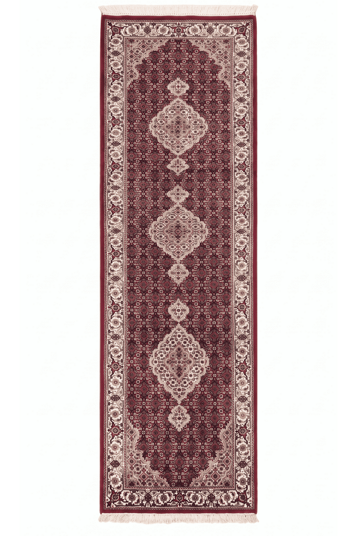 Deep red and ivory mahi medallion Tabriz runner, 80×303cm