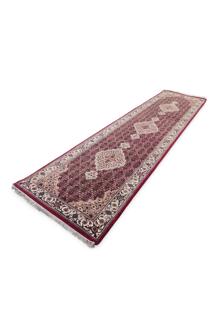 Hand-knotted wool pile of deep red Tabriz runner, 80×303cm