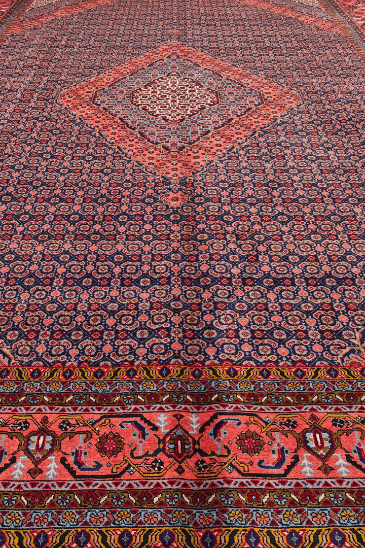 Hand-knotted rose Pakistani rug with mahi Herati field