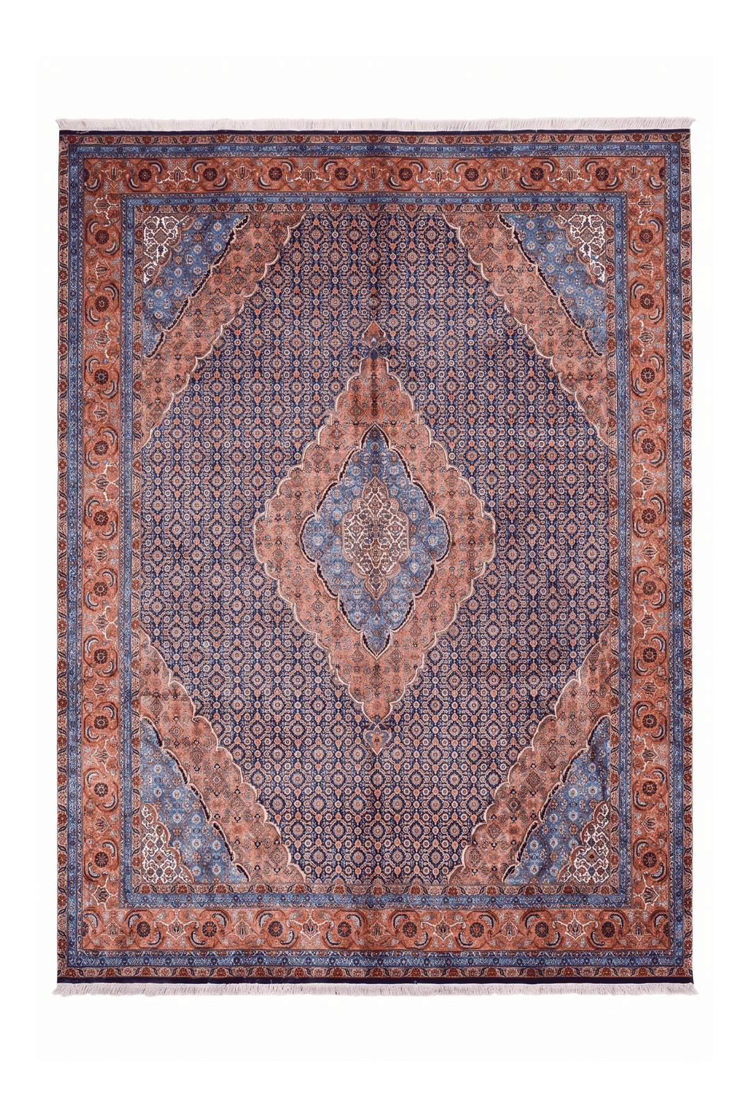 Slate blue and salmon mahi medallion rug, 247×284cm, about 4.5 tatami