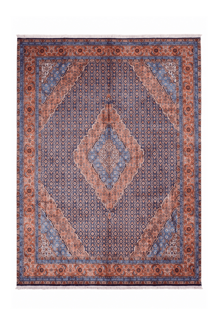 Slate blue and salmon mahi medallion rug, 247×284cm, about 4.5 tatami
