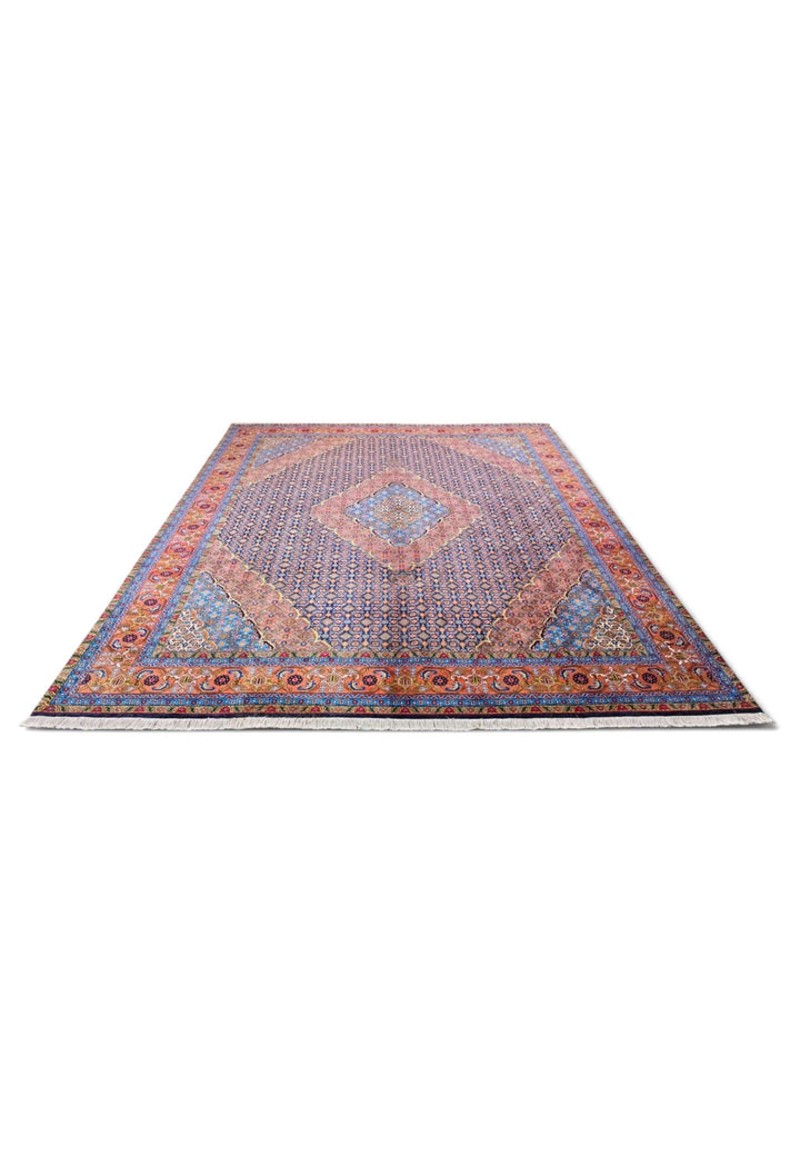 Border detail of slate blue mahi hand-knotted Pakistani rug