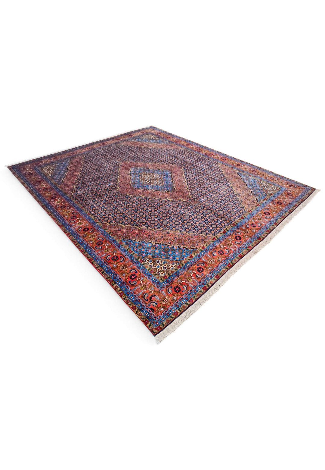 Hand-knotted wool pile of slate blue mahi rug, 247×284cm
