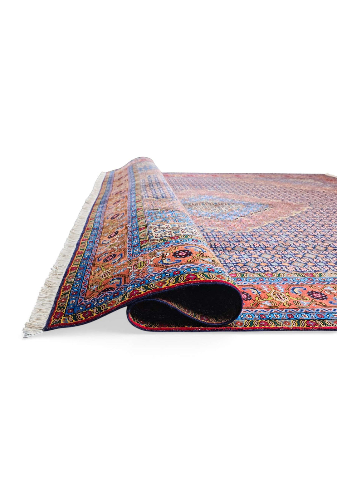 One-of-a-kind slate blue and salmon mahi Pakistani rug