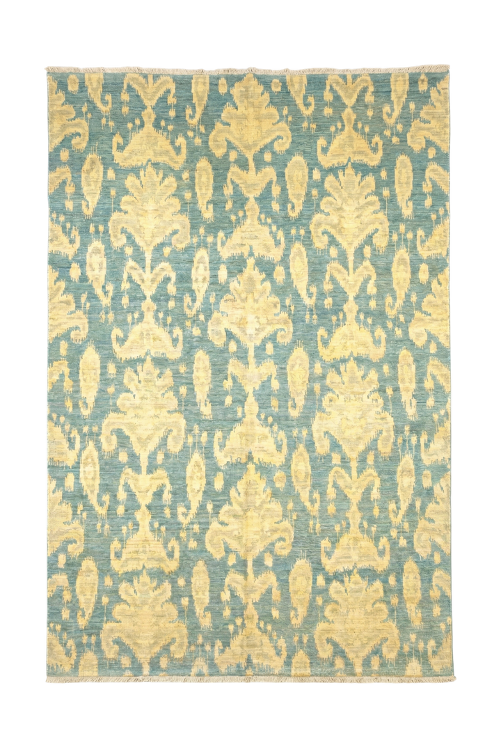 Blue &amp; Gold Ikat Ghazni, Hand-Knotted Afghan Wool Rug