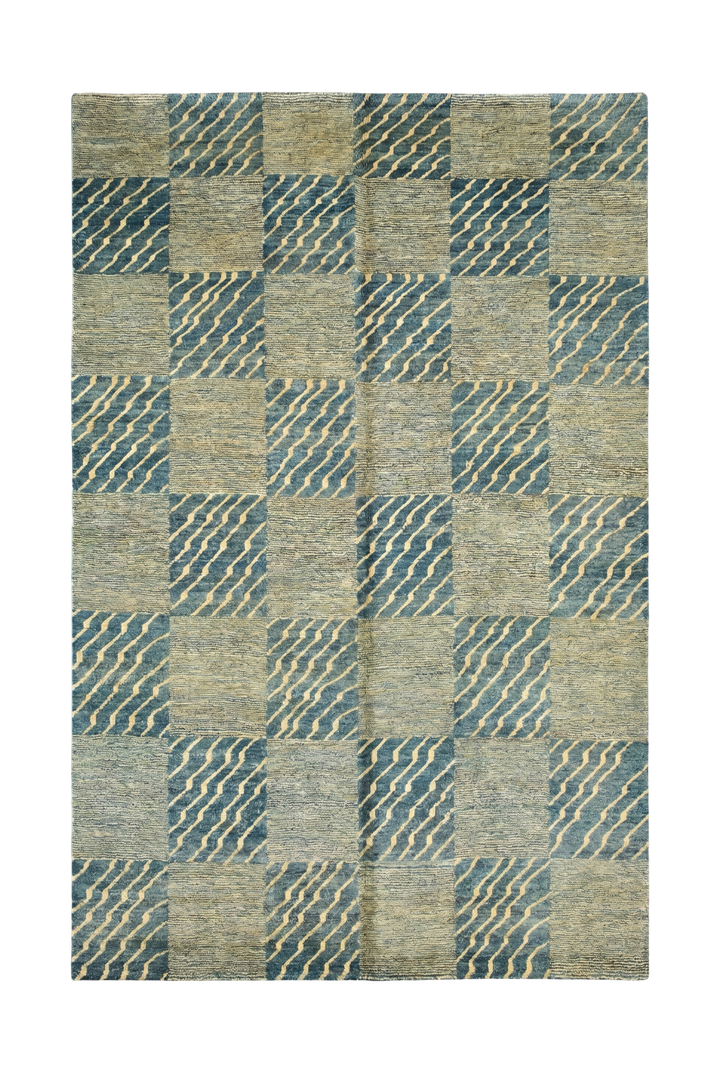 Blue &amp; Cream Checkerboard Ghazni, Hand-Knotted Afghan Wool Rug