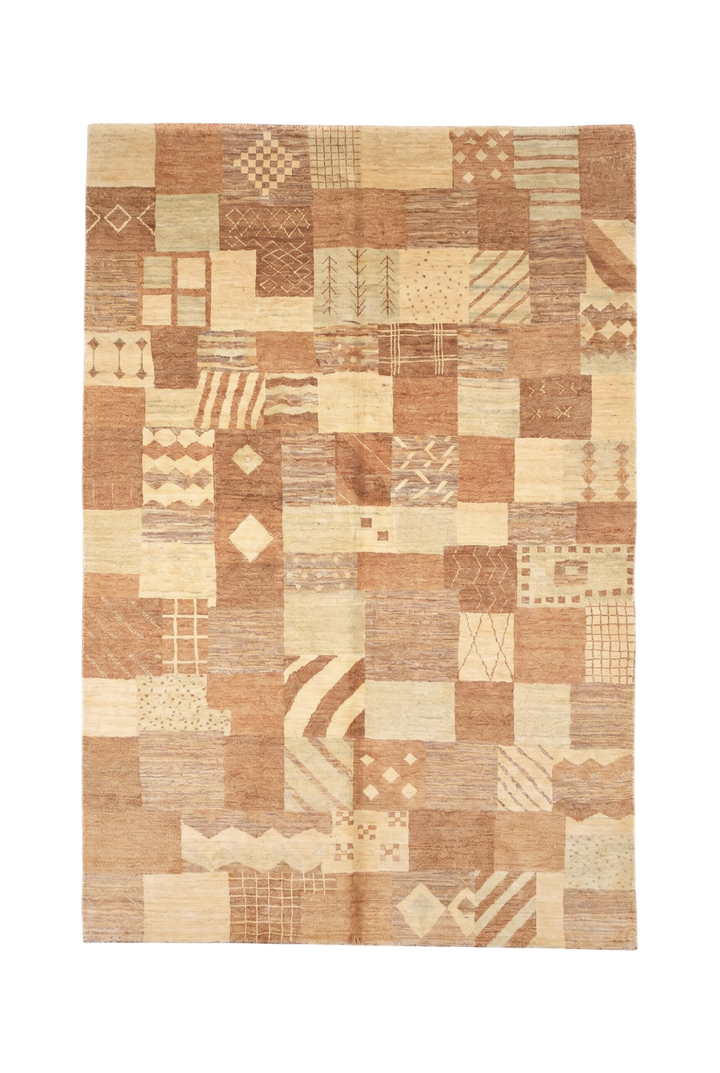 Earth-Tone Patchwork Ghazni, Hand-Knotted Afghan Wool Rug