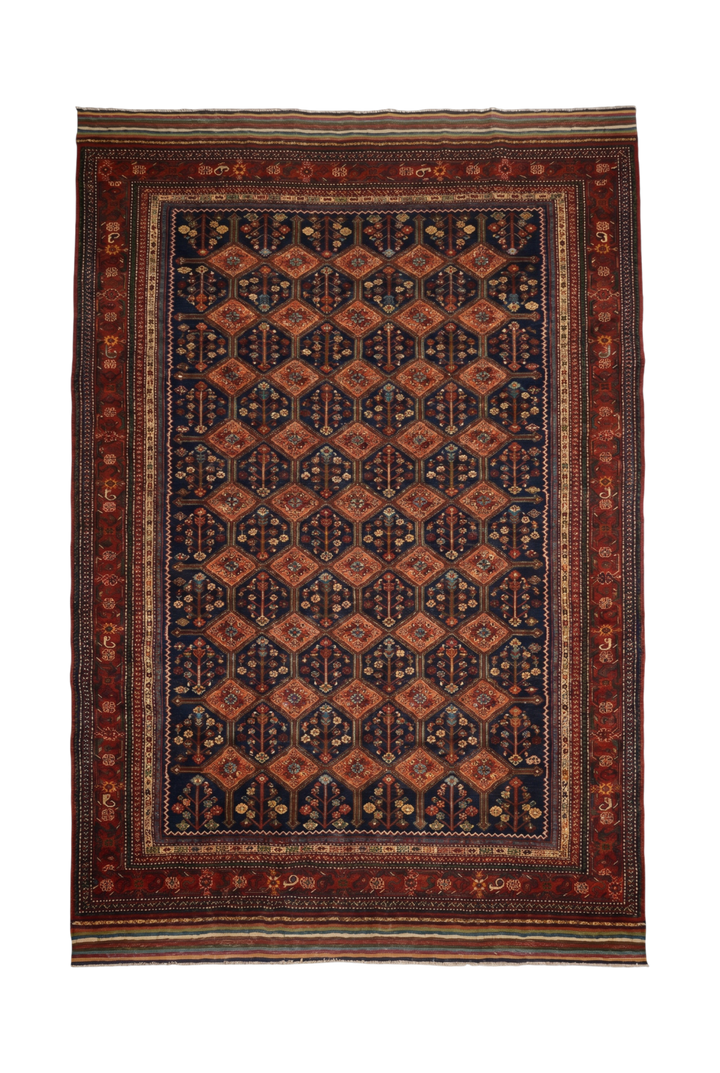 Navy &amp; Red Garden Lattice Rug, Hand-Knotted Afghani Sherwan