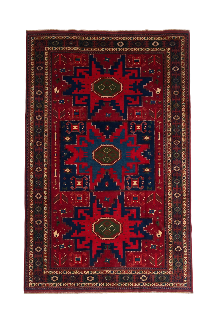 Red &amp; Navy Lesghi Star Rug, Hand-Knotted Afghani Sherwan