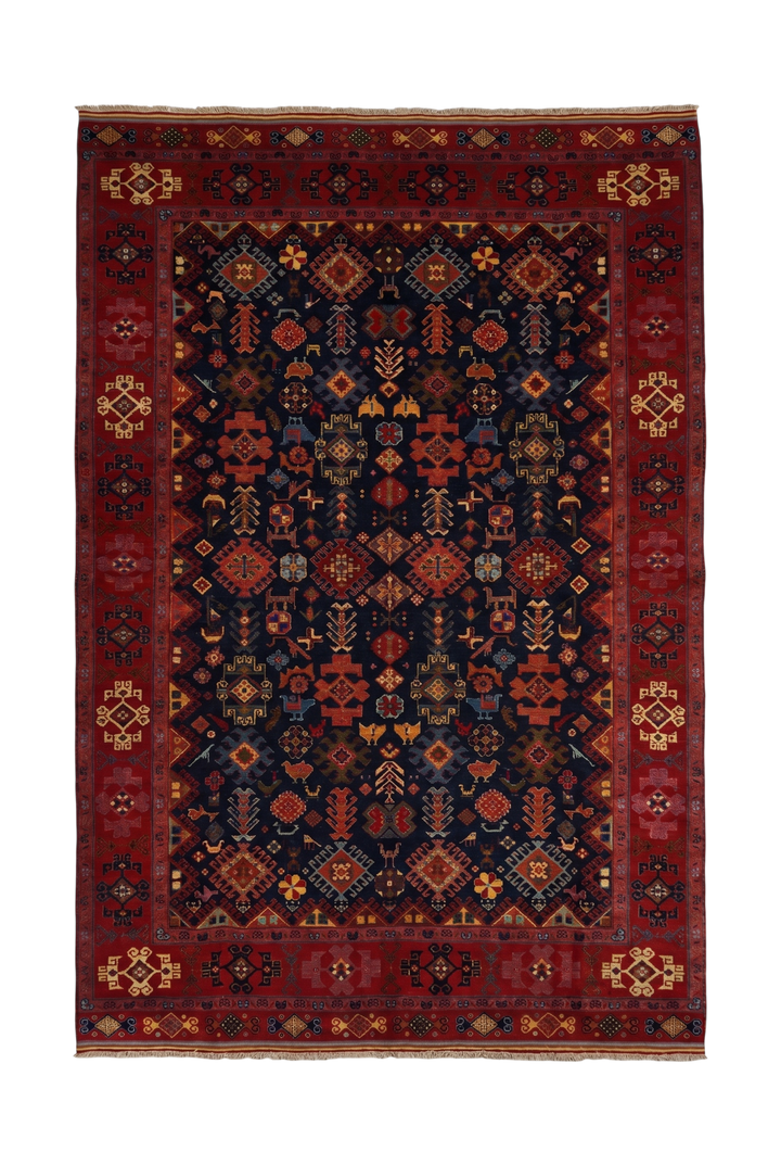 Navy &amp; Red Afshan Rug, Hand-Knotted Afghani Sherwan